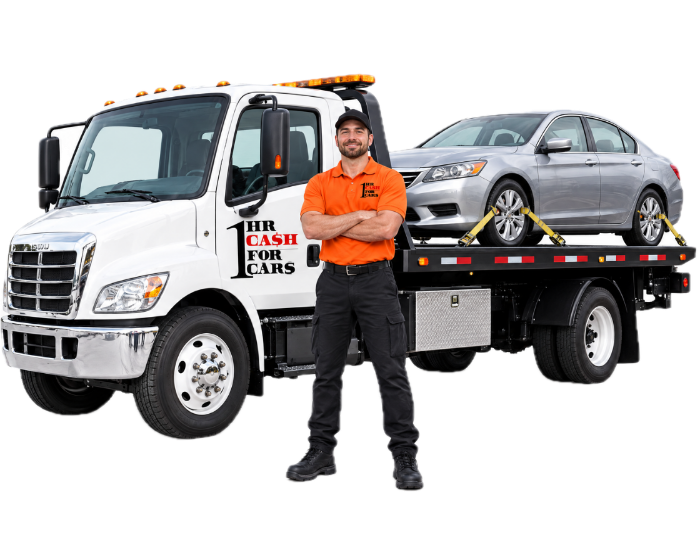1HR Cash for Cars tow truck driver with flatbed truck