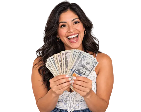 Happy customer holding cash after selling their car
